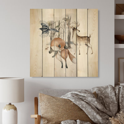 Wild Animals Living Forest - Traditional Print on Wood