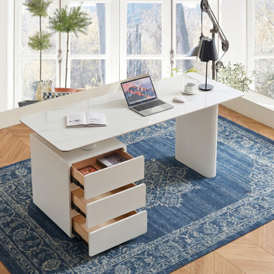 Bureau 71 po blanc avec rangement, bureau de direction extensible moderne en bois avec plateau en faux marbre pour bureau à domicile, bureau d'ordinateur et bureau d'étude