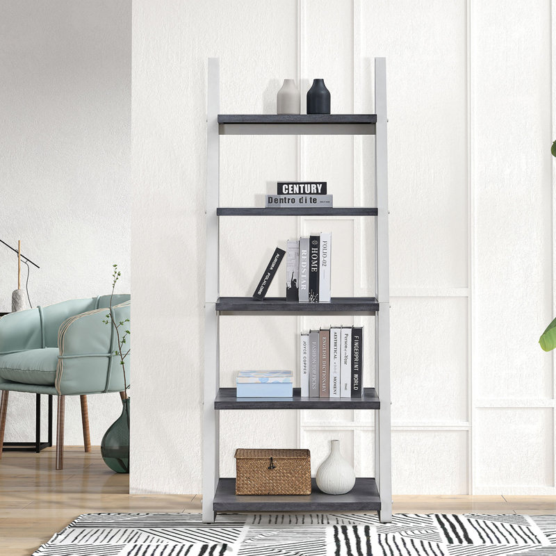 Étagères à 5 niveaux, bibliothèque, étagère de rangement, bibliothèque avec cadre en bois d'hévéa, tablette échelle pour salon, bureau personnel, cuisine, chambre à coucher, appartement
