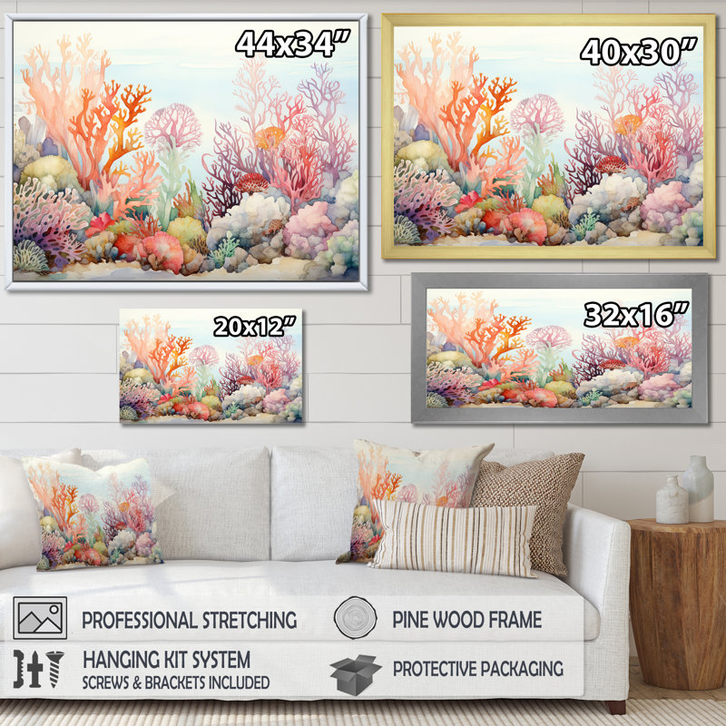 «The Colorful Coral Reef Happiness», reproduction sur toile, H 24 po x l 32 po x P 1 po, Cadre flottant blanc