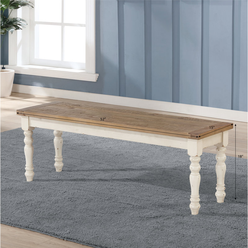 Prato Two-Tone Wood Upholstered Dining Bench, Antique White And Distressed Oak