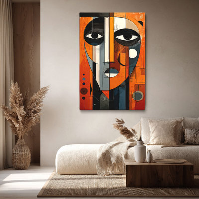 Modern “Geometric Face in Warm Tones (Bold Tone)” Cubist Abstract Canvas Wall Art Stretched Frame for Eclectic Studio