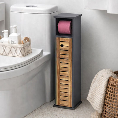 Compact Toilet Paper Storage Cabinet with Dispenser, Holds Up to 6 Rolls, Brown and Grey - Elements Collection