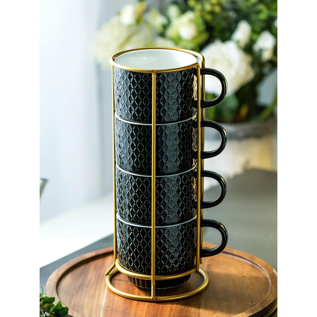 Coffee Mug Set With Stand And Spoons, 13 Oz Demitasse Cups Set Stackable Espresso Coffee Mugs Cappuccino Cup Set Of 4 For Coffee, Latte, Macchiato, Cafe, Tea, Black QXXSJ 