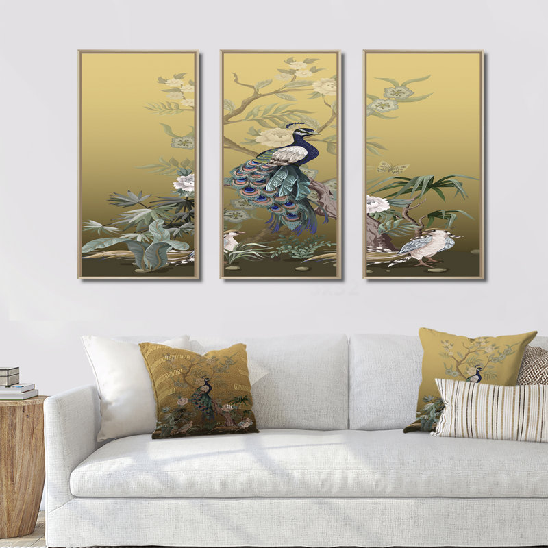 Chinoiserie avec oiseaux et pivoines VI - ensemble de 3 toiles encadrées traditionnelles, H 32 po x l 48 po, Brun