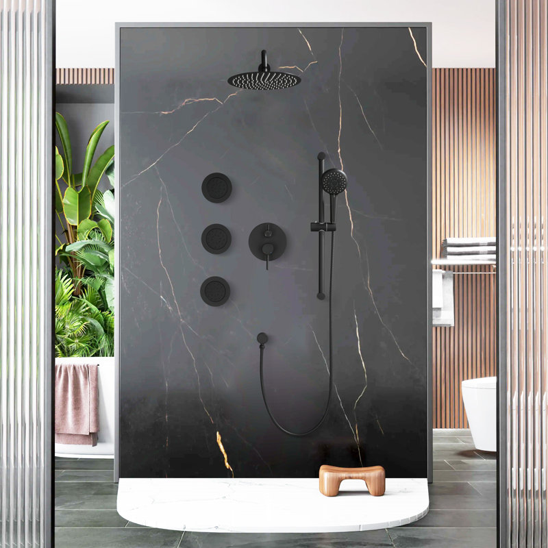 Système de douche avec 3 jets de corps, ensemble de douche à pluie à fixation murale 12 po et douchette à main, Noir mat