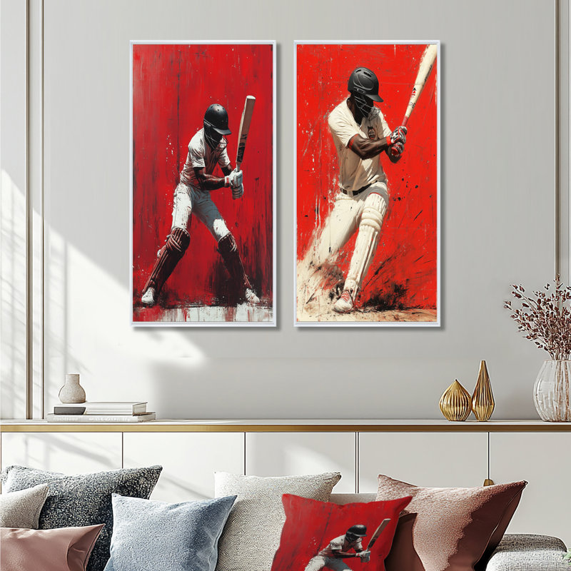 Ensemble de 2 pièces d'art rouge et noir Cricket Fast Bowling I - Cricket Sport, H 32 po x l 32 po, Cadre flottant blanc