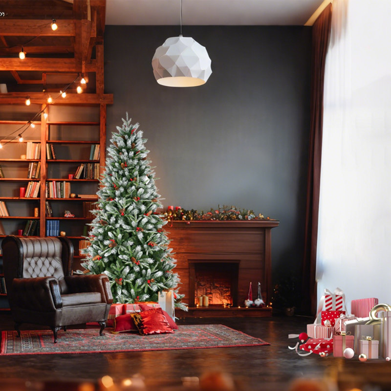 Arbre de Noël avec baies rouges et pommes de pin, branches en PE + PVC enneigées, support en métal robuste - Décoration d'arbre de Noël naturelle