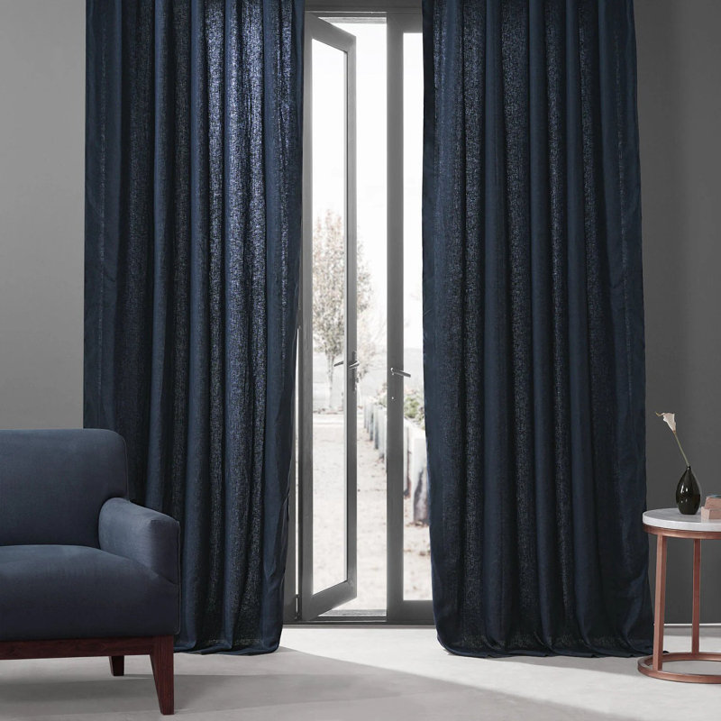 Briella French Linen Room Darkening Curtain, 50" W x 120" L, Native Navy
