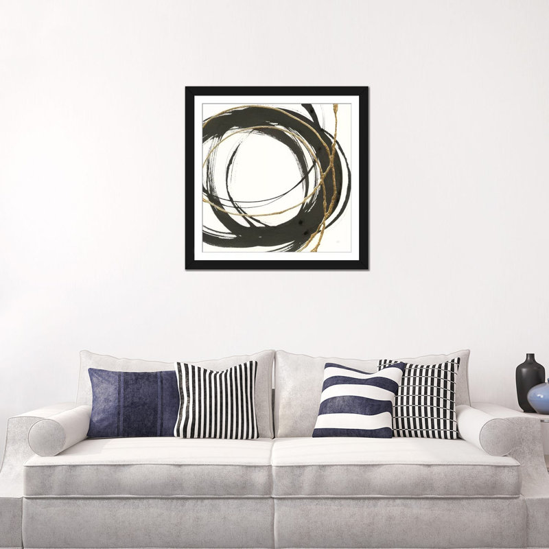 «Gilded Enso II», reproduction d'impression sur toile, H 16 po x l 16 po x P 1 po, Papier d'art encadré noir, Blanc