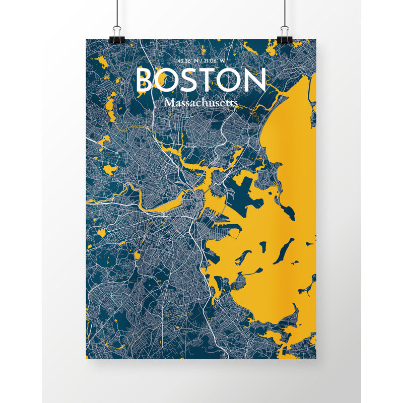 « boston city map », reproduction d’impression sur affiche, H 17 po x l 11 po