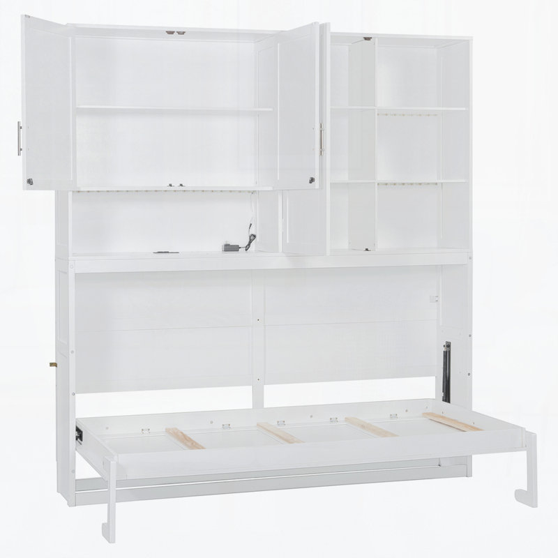 Lit escamotable mural avec armoire supérieure, tablettes, Blanc
