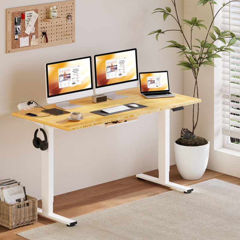 Eric Height Adjustable Standing Desk, 100% Bamboo Desktop, 45.7" H x 60" W x 30" D, White