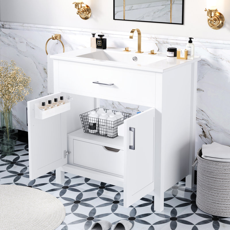 Meuble-lavabo de 30 pouces avec lavabo en céramique - espace pour les petites salles de bain. Vaste tablettes et tiroirs de rangement. Bois massif. Étagères élégantes à finition blanche et salles de bain compactes pour maximiser l'espace. Classique