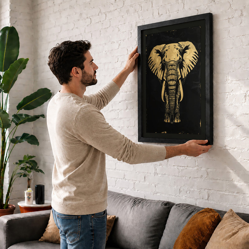 Golden Elephant Minimalist - Framed Print, A3 - 42.0 x 29.7 cm, Oak