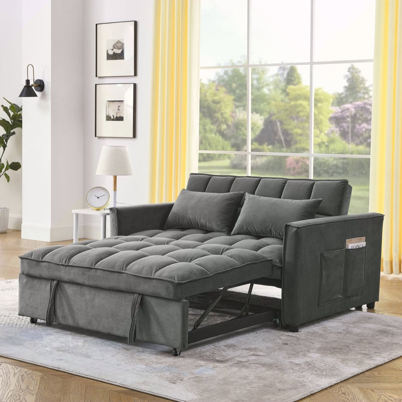 Canapé-lit, canapé convertible, fauteuil inclinable, lit, 3-en-1, dossier réglable à 3 positions, canapé modulaire à 2 places, 2 poches latérales, 2 coussins pour le salon, appartement, etc., velours beige de 54 po de largeur.
