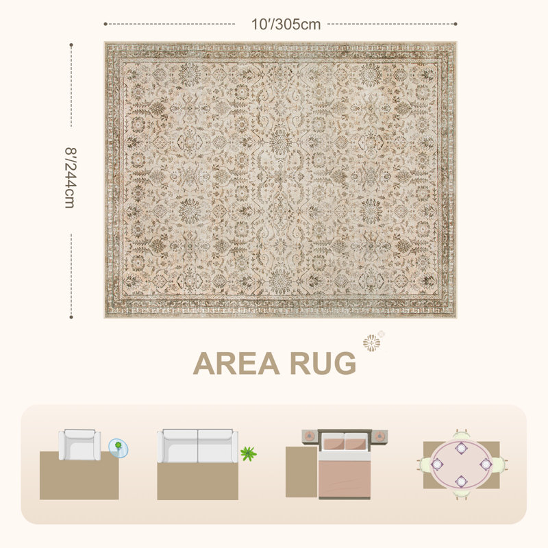 Tapis lavable à bordure florale rétro Watte avec envers antidérapant pour le salon et la chambre à coucher