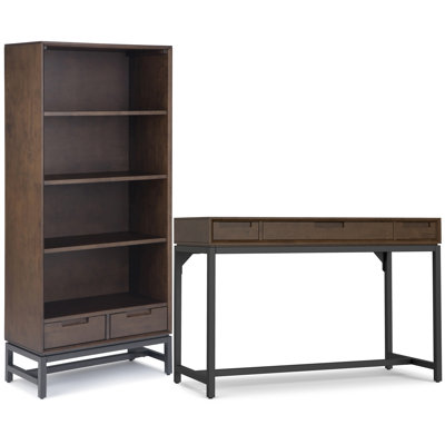Banting Solid Wood Industrial 48 Inch Wide Desk With 30 Inch Wide Bookcase In Walnut Brown (set Of 2)