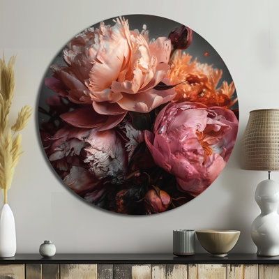 Pivoines oranges et roses en fleurs - Art floral rond en métal