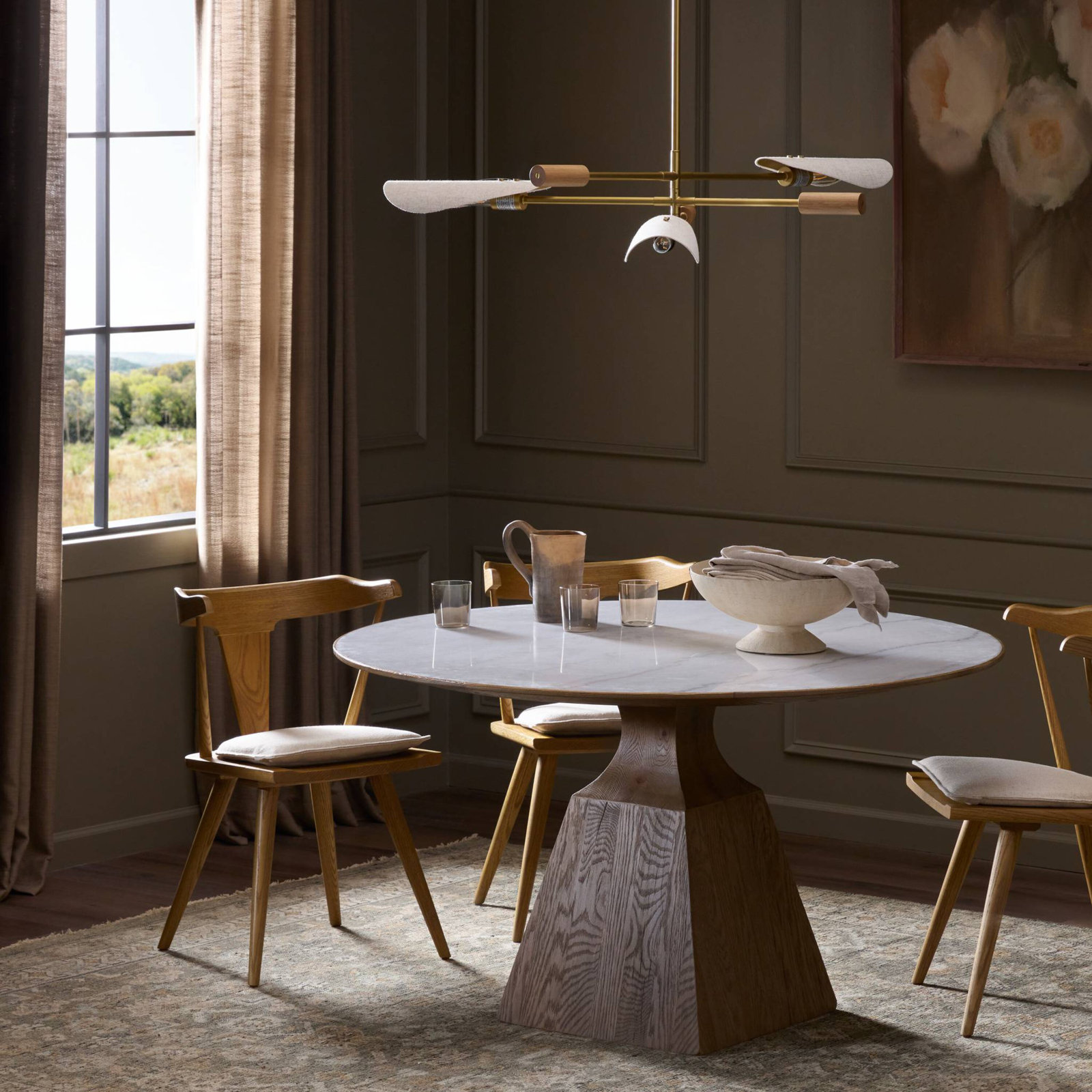 53.25'' Round Dining Table, Honed White Marble/Smoked Black