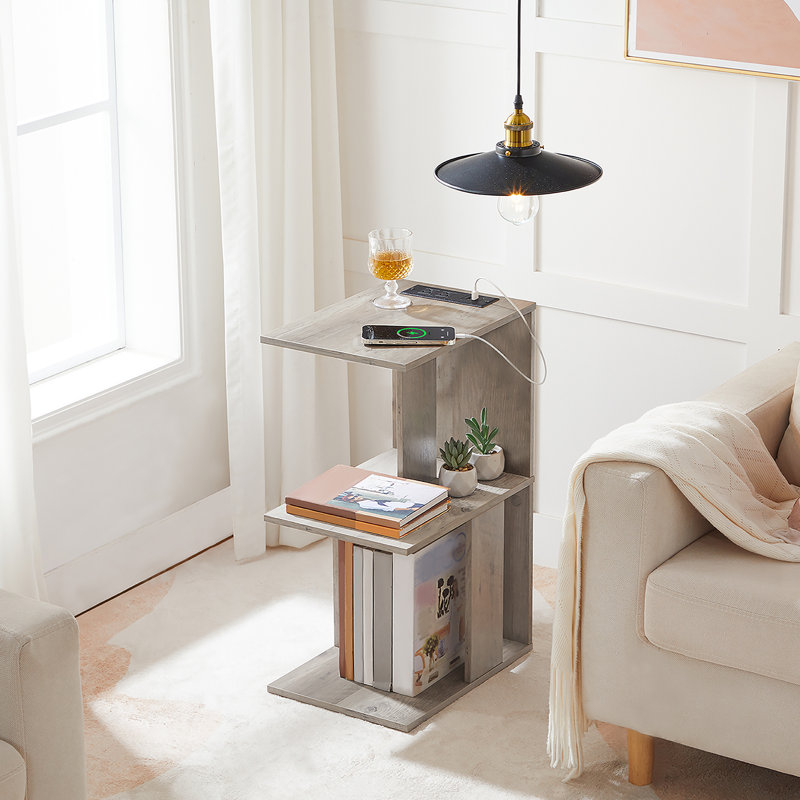Nikaila 24.4" Tall Narrow End Table with Charging Station and Light, Gray