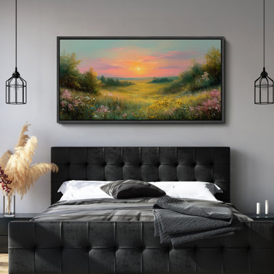 «Golden Meadow Sunset Landscape with Wildflowers and Warm Light», reproduction d'art sur toile encadrée