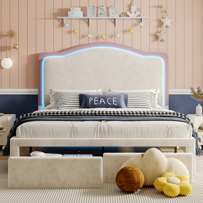 Chaille LED Bed Frames with Storage Drawer, Upholstered Platform Bed with Adjustable Headboard