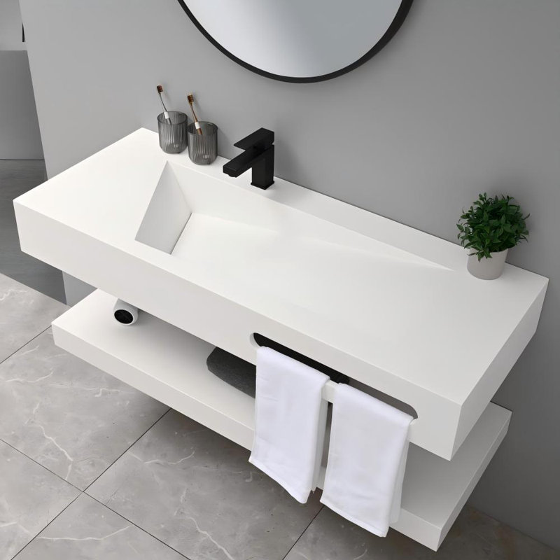48" Double Layers Bathroom Vanity , Wall-mounted Floating White Rectangular Resin Basin Without Faucet, White