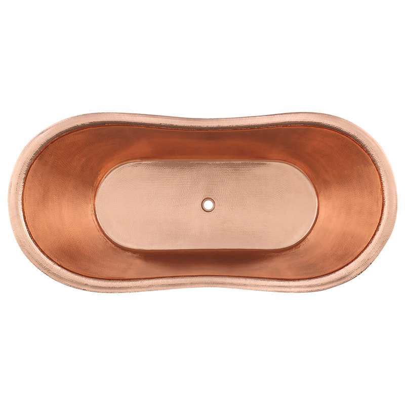 67" Hammered Double Slipper Bathtub With Rings, Glazed White/Polished Copper