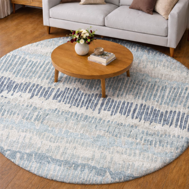 Premium Machine Washable Dream Shag Loops and Lines Rug, Blue, 8' Round