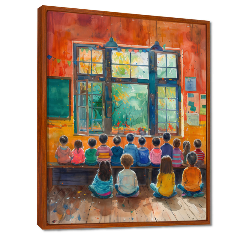 Impression d'art mural orange et bleu Creative Classroom School II - Écoles, H 20 po x l 12 po x P 1 po, Cadre flottant brun