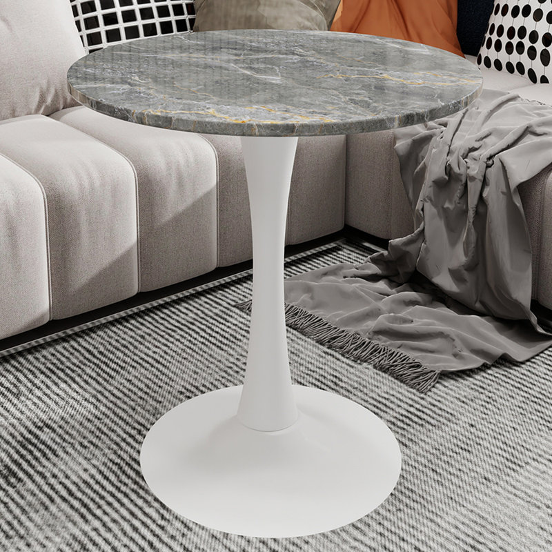 Marble-Top Round Side Table with Tapered Pedestal Base, Ideal for Living Room, Modern Minimalist Design, White, Dark Gray