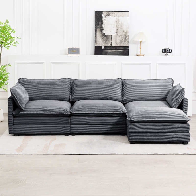 Redenius 4-Piece 112'' Upholstered L-Shape Sectional, Dark Gray Corduroy