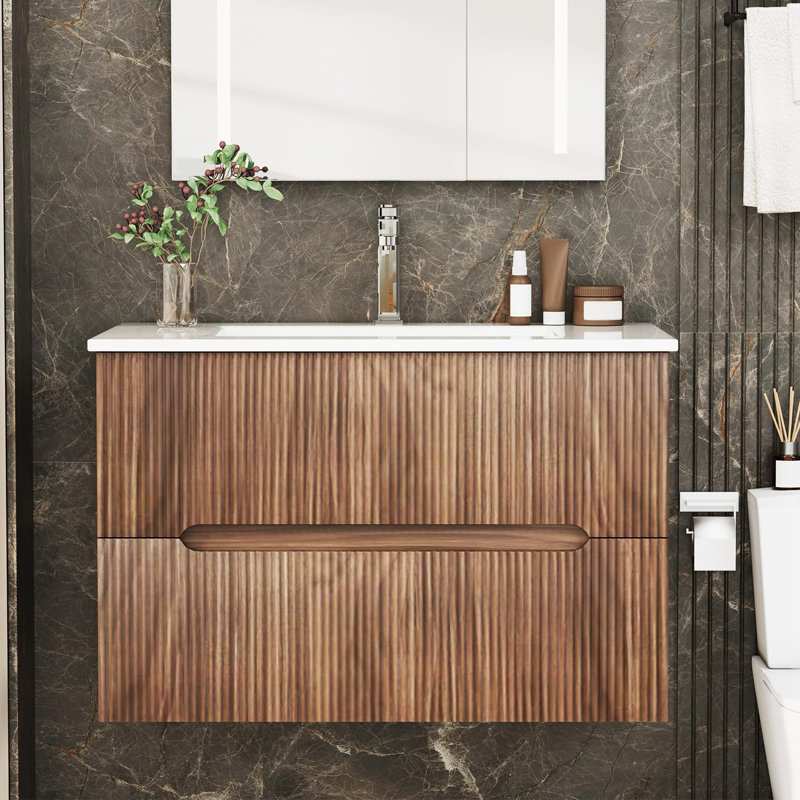 30-Inch Floating Bathroom Vanity with Sink – Wall-Mounted Cabinet Set with Ceramic Basin, Soft-Close Drawers, Faucet, and Pop-Up Drain in Walnut Finish