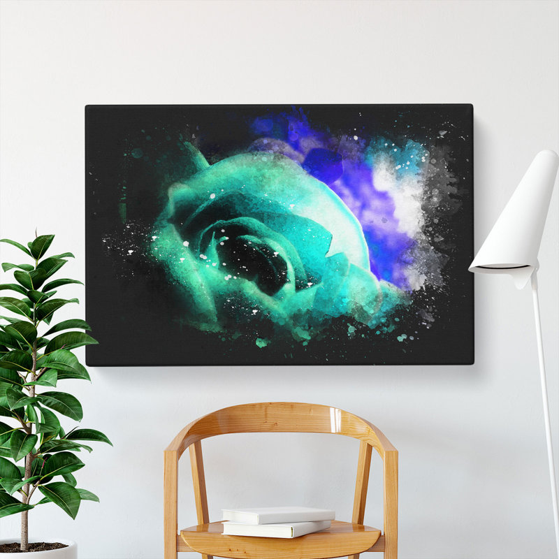 Teal Rose Flower Paint Splash - Wrapped Canvas, 35cm H x 50cm W x 3cm D