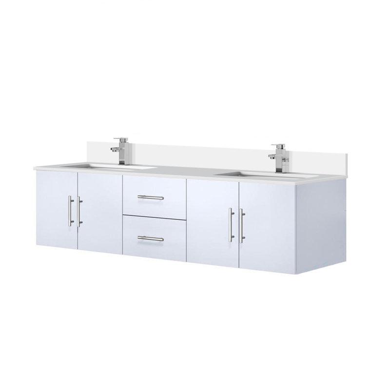 Meuble-lavabo double 72 po X P 22 po D, dessus en quartz blanc et ensemble de robinet, Blanc lustré