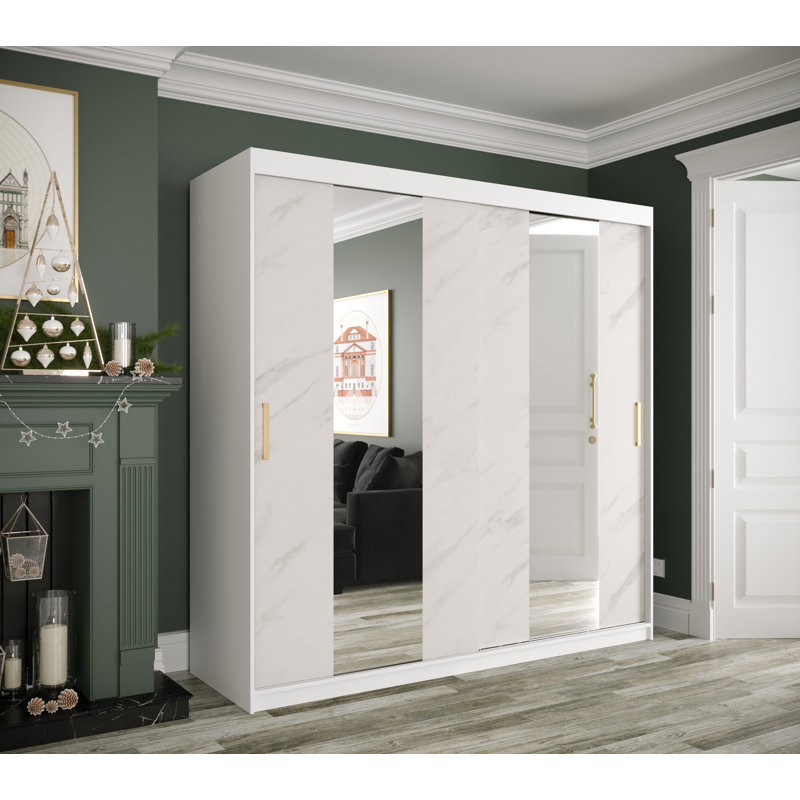 Maike 2 Door Manufactured Wood Wardrobe, White Matt/Marble Finish, 200cm H x 200cm W x 62cm D