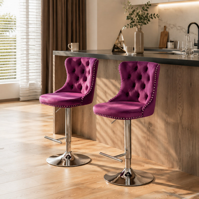 Tabourets de bar pivotants en velours mauve à hauteur réglable pour îlot de cuisine, Silver, Purple
