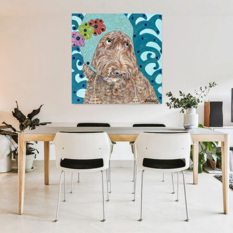 Cute Dog In Swim Cap Playful Whimsical Contemporary Dog Beach Portrait Wall Art Print 1 Piece Wrapped Canvas Wall Art
