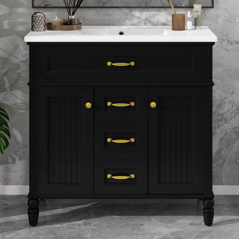 Meuble-lavabo 36 po avec lavabo en céramique, meuble-lavabo simple avec tiroir supérieur rabattable, portes à fermeture en douceur, 2 tiroirs de rangement