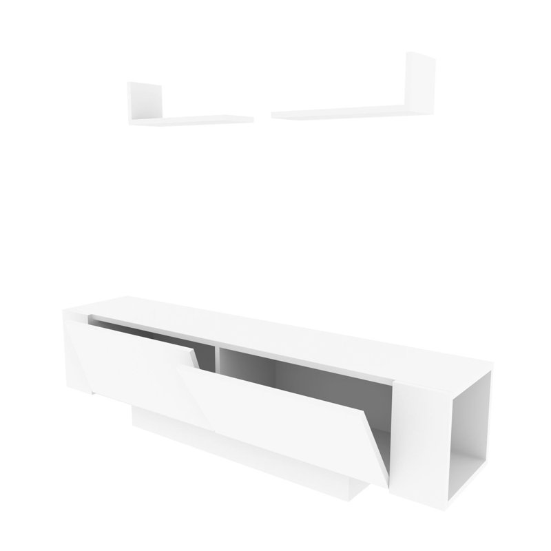 Modern White TV Unit with Wall Shelves (2 Pieces), 59.1 x 15.7 x 12.4 inches | 100% Melamine Coated Particle Board, Thickness: 0.7 inches | Features Numerous Shelves, Wall-Mountable Design, Elegant & Functional Storage Solution