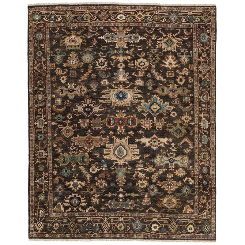 Classic Heriz I Wool Geometric Area Rug in Brown/Light Blue/Charcoal, Rectangle 4' x 6'