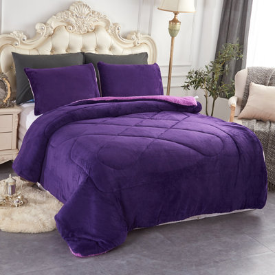 JML BorregoSolid1024 Microfiber Reversible 3 Piece Comforter Set, Sherpa Flannel Fleece Bed Blanket, King/Queen 