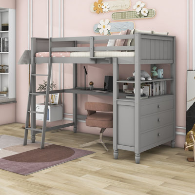 Dorie Kids 6 Drawers Wooden Loft Bed With Desk and Shelves
