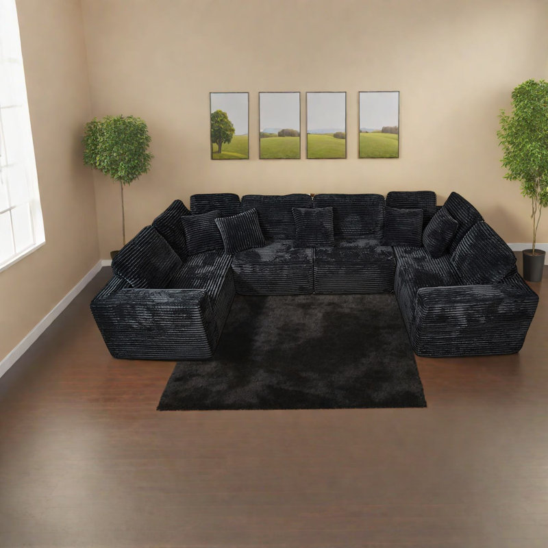 Canapés modulaires confortables avec revêtement en velours côtelé noir, design moderne en forme de U pour la maison