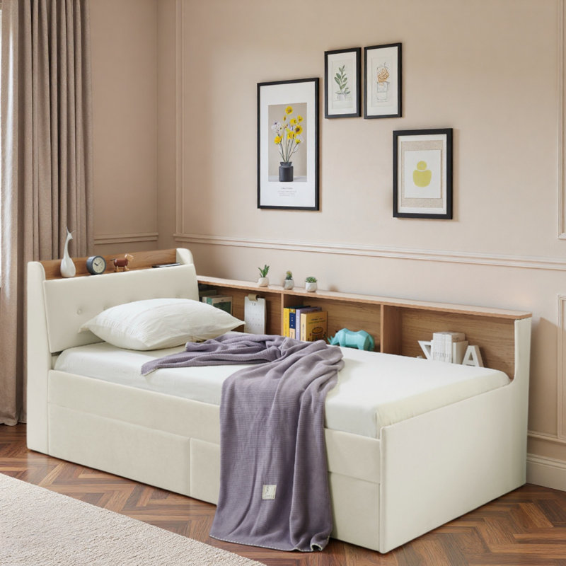 Multi-functional Daybed With Storage Headboard, Wireless Charging, 2 Storage Drawers And Led Lights, Beige