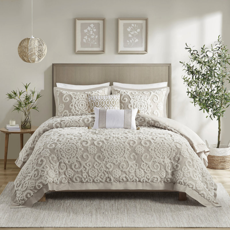 Housse de couette 100% coton taupe avec ornement en chenille ravissante pour grand lit, Taupe