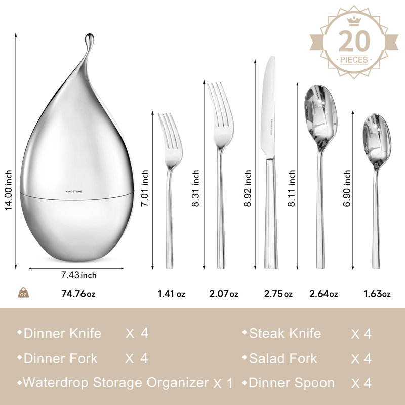 Ensemble d'argenterie avec rangement, ensemble de couverts de luxe 20 pièces pour 4