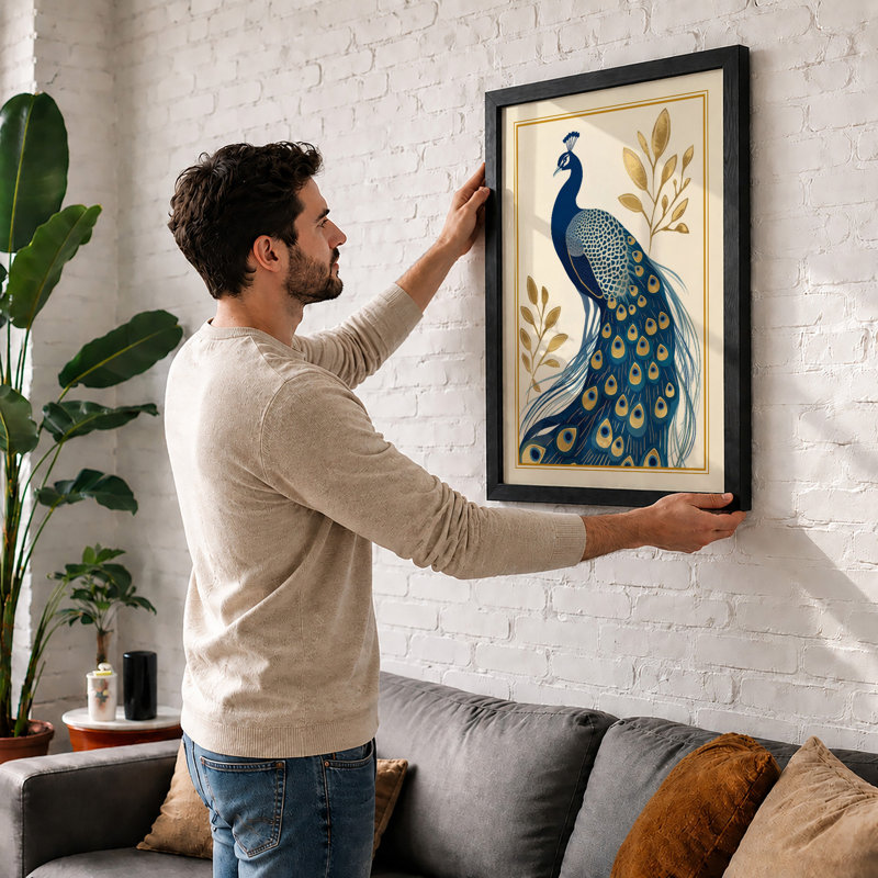 Ornamental Peacock Japandi - Framed Print, Walnut, A3 - 42.0 x 29.7 cm