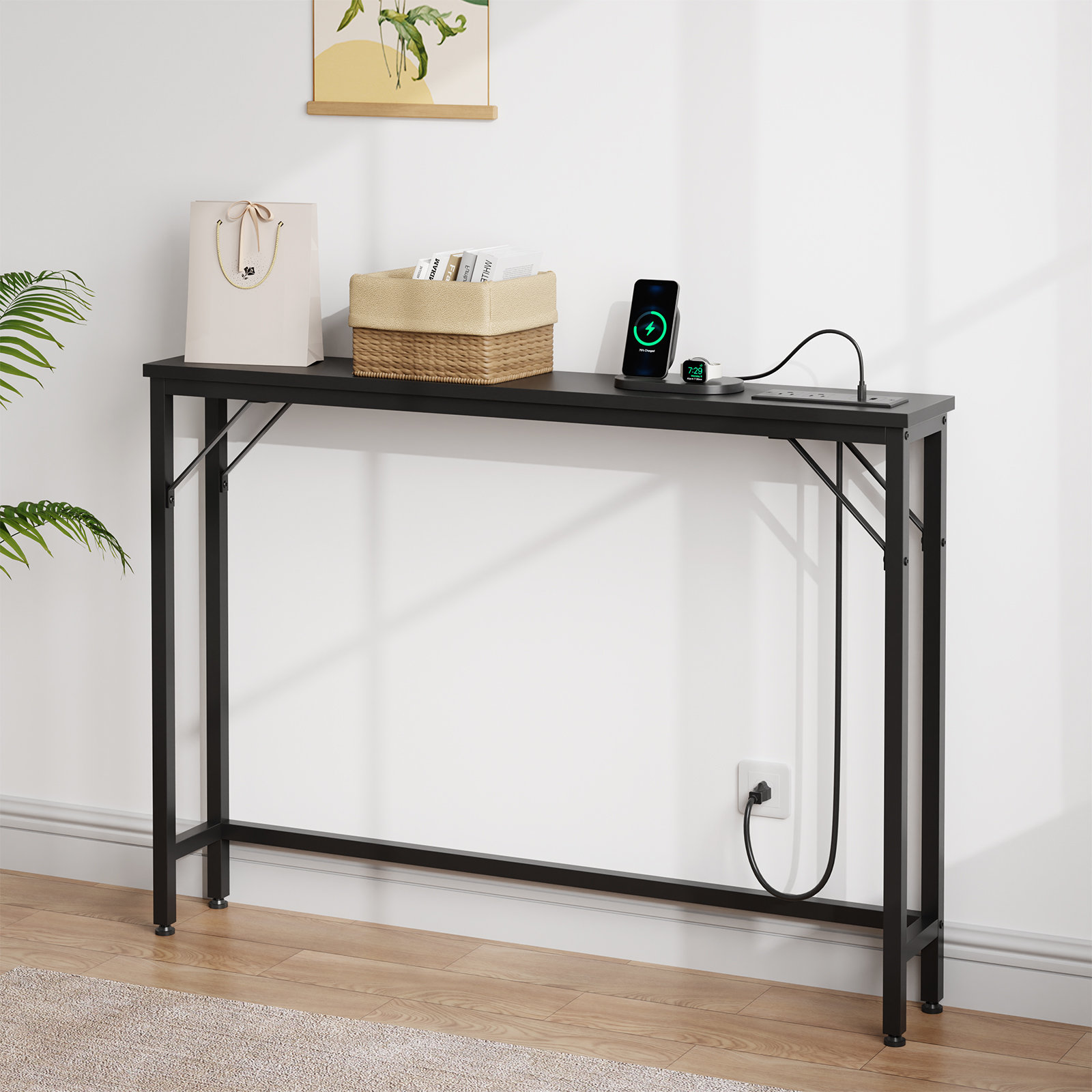 Table With Built In Outlet 17 Stories Slim Console Table with Built-In Outlets, Narrow Console ...